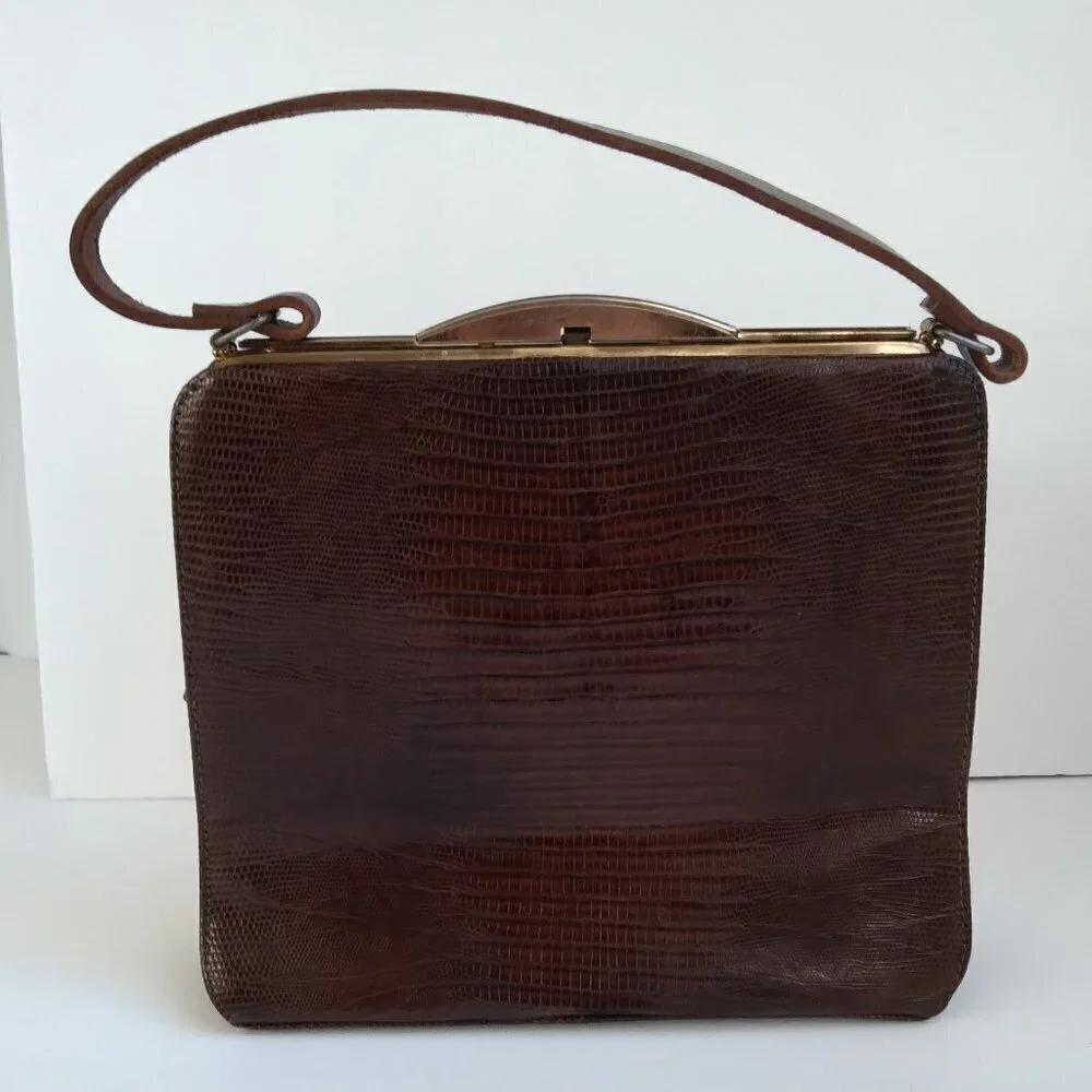 Vintage 1950's/60's Brown Lizard Structured Satchel Handbag